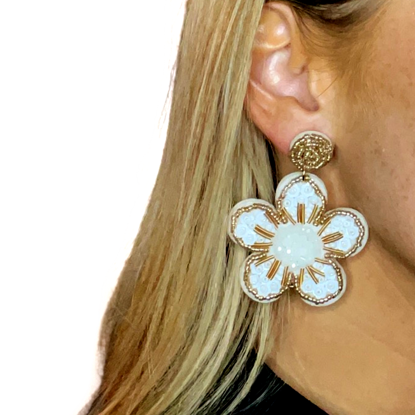 Gold + White Beaded Flower Earrings