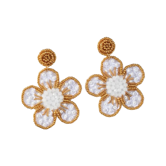 Gold + White Beaded Flower Earrings