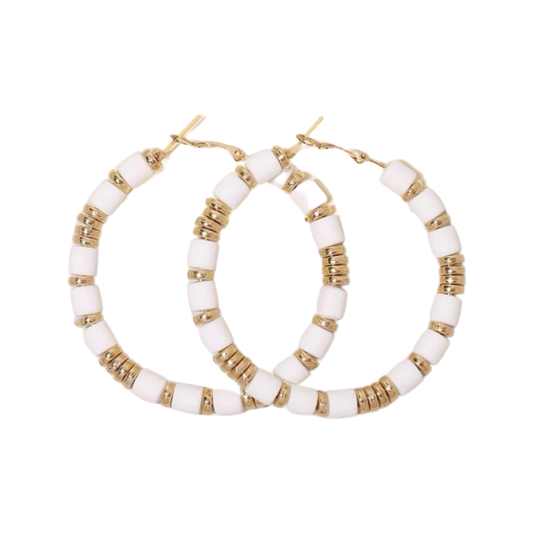 White + Gold Beaded Hoop Earrings