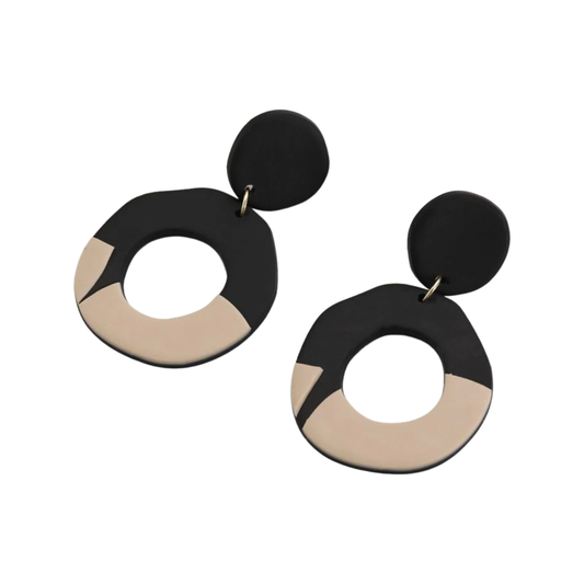 Black + Beige Abstract Circle Earrings
