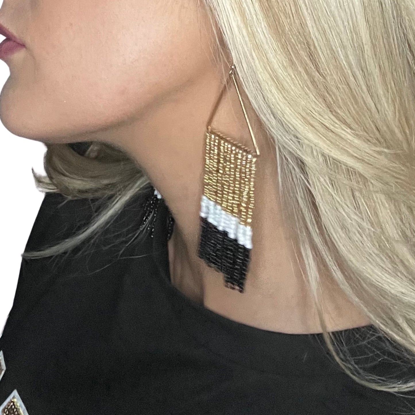 Black + Gold Beaded Tassel Earrings